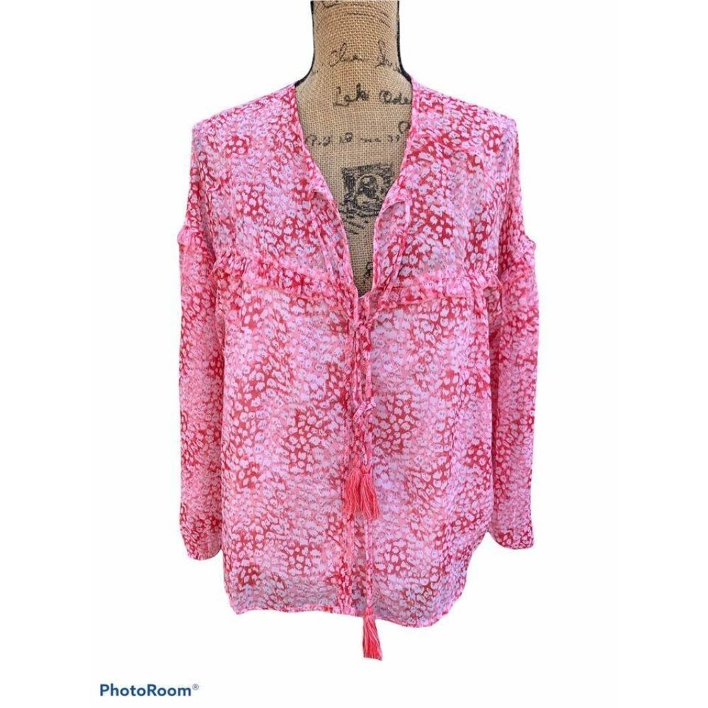 🍒 2/$20 🍒 Pink and White Sheer Blouse with Ruffled Accents, Tie Top sz M